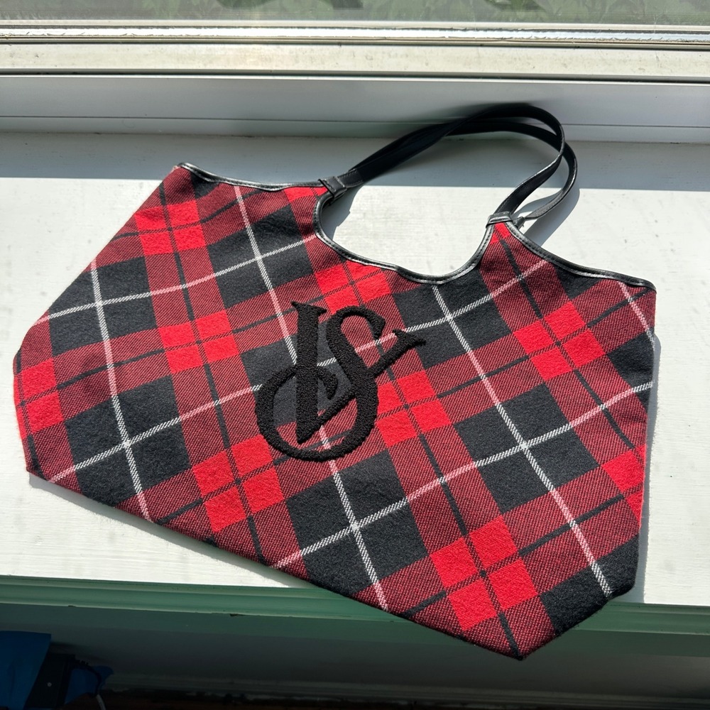 Victoria's Secret Red Black Plaid Tote Bag Chenille VS Logo Shoulder Bag